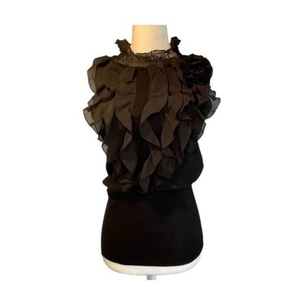 Tracy M Chiffon Ruffle Collar Sweater Black Knit Body Sheer Mesh High Neck M